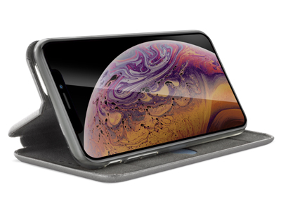 Apple iPhone Xs - Custodia EcoPelle serie CURVED colore Grigio Completa di Case interna Trasparente