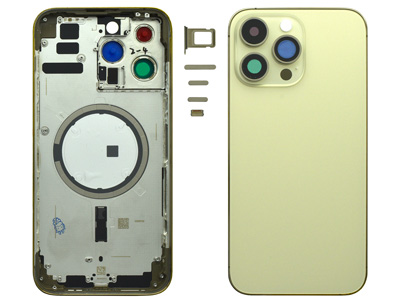 Apple iPhone 14 Pro Max - Frame + Tasti Laterali + Sportellino Sim + Back Cover Magnetica + Vetrino NO LOGO Gold