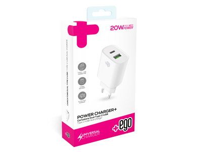 Wiko Wax 4G - Wall Charger dual output Usb A - Usb C PD 20W White